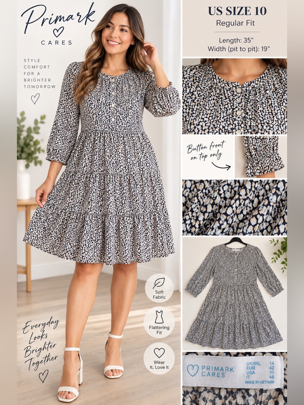 Primark Cares Women’s Size 10 Abstract Print Tiered Knee Length A-Line Dress
